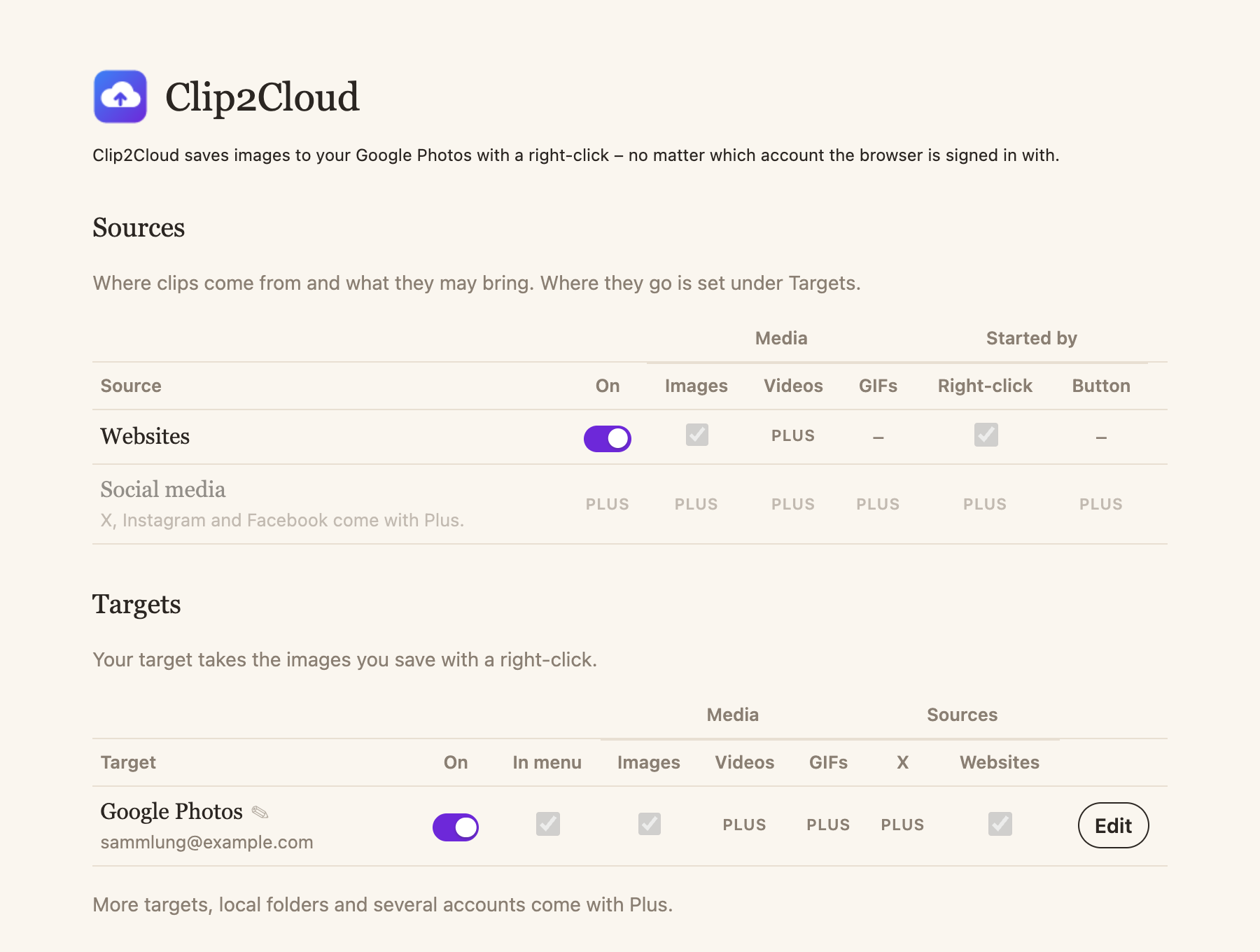 The settings: your account and what gets saved.